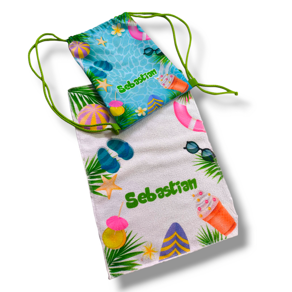 Combo escolar de tula mediana de tela y toalla de microfibra personalizada infantil de Infantulas.