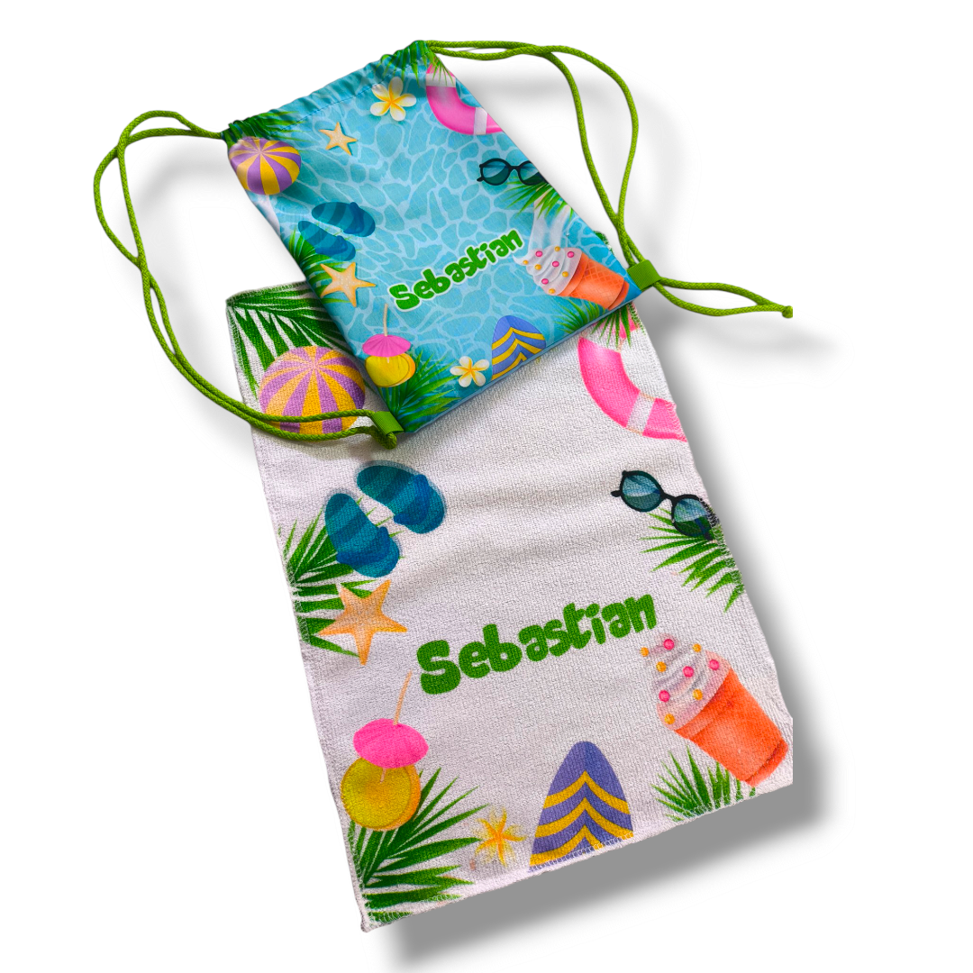 Combo escolar de tula mediana de tela y toalla de microfibra personalizada infantil de Infantulas.