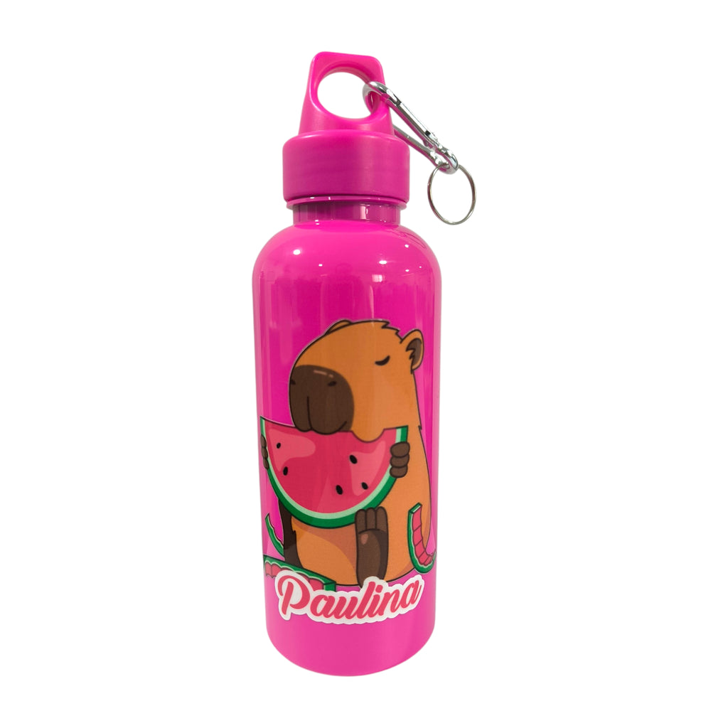Botilitos plásticos de color azul con llavero personalizados con temática de capibara e impresión DTF UV de Infantulas.