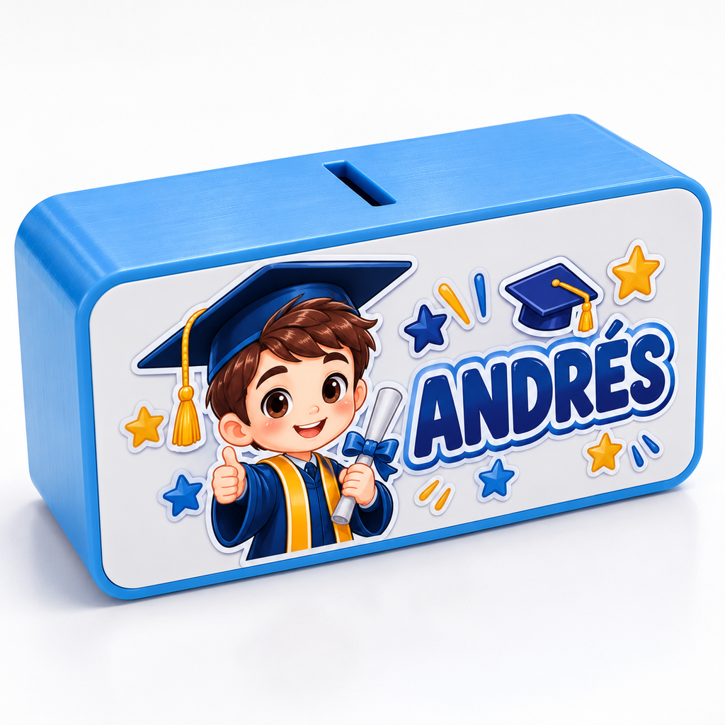 Alcancía rectangular personalizada en material PLA con panel frontal para recordatorio de grados y cumpleaños de Infantulas[cite: 6].