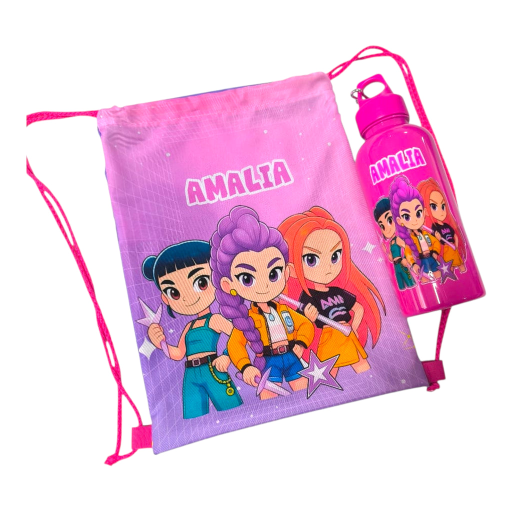 Combo de tula mediana de tela y botilito plástico azul de 16 oz con llavero e impresión de Mguerreras de Infantulas.