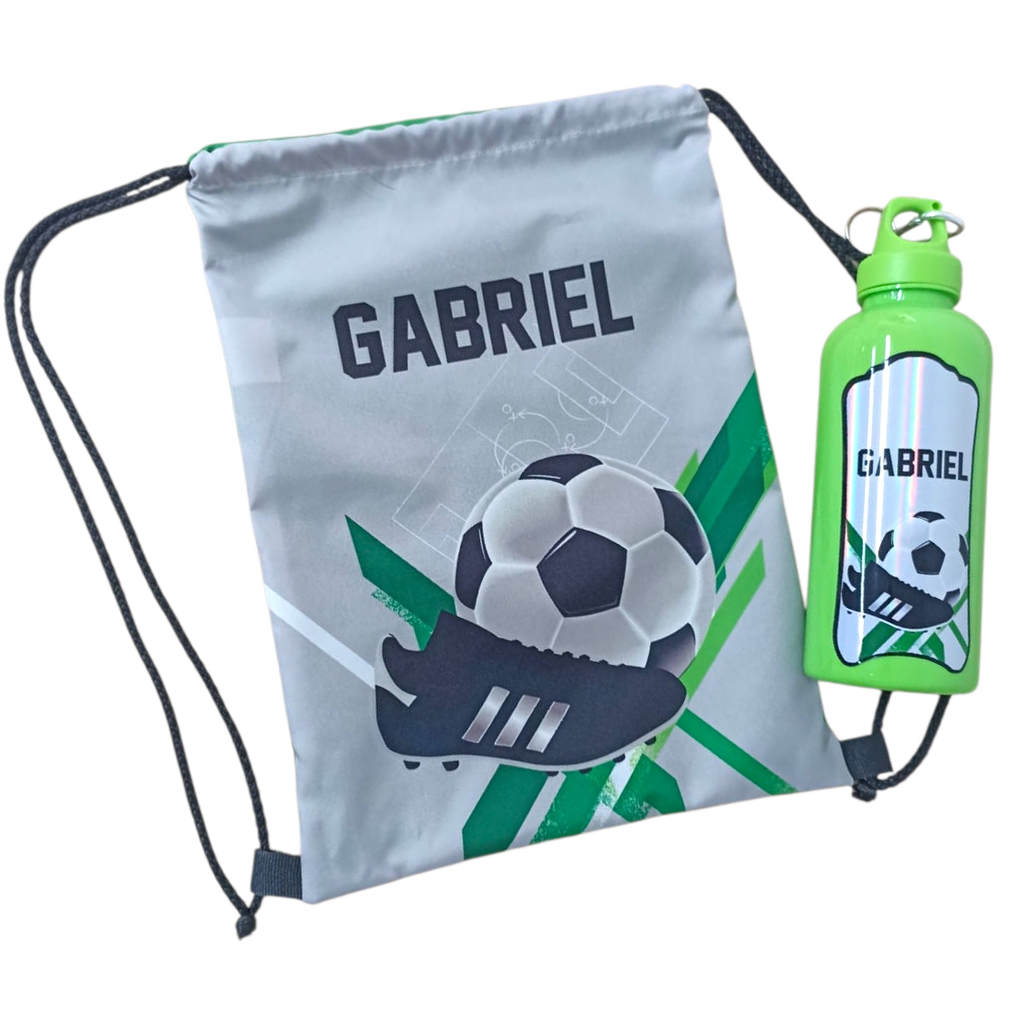 Combo de tula mediana de tela y botilito plástico azul de 16 oz con llavero e impresión de futbol de Infantulas.