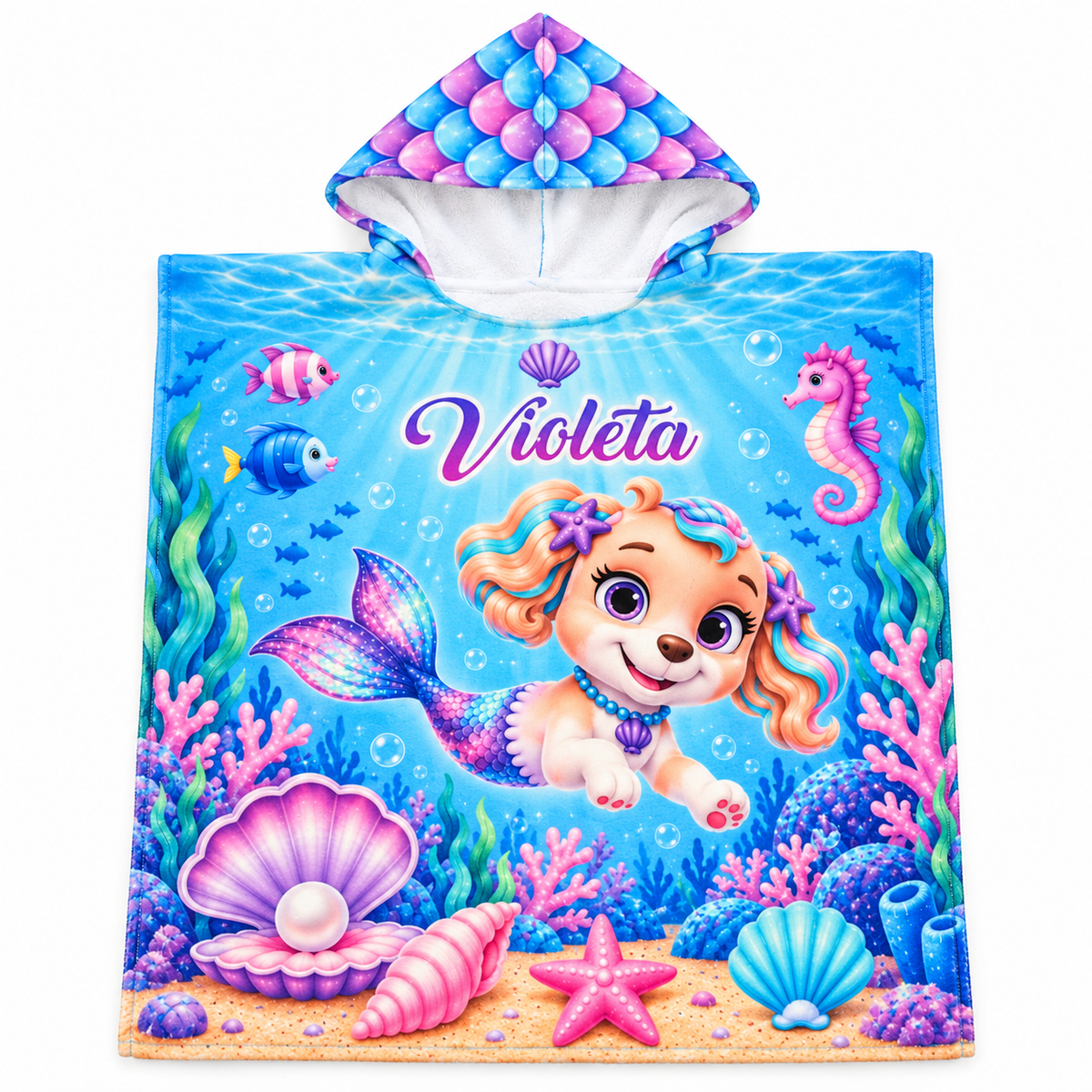 Detalle de capota estampada a todo color en toalla de microfibra suave para niños.