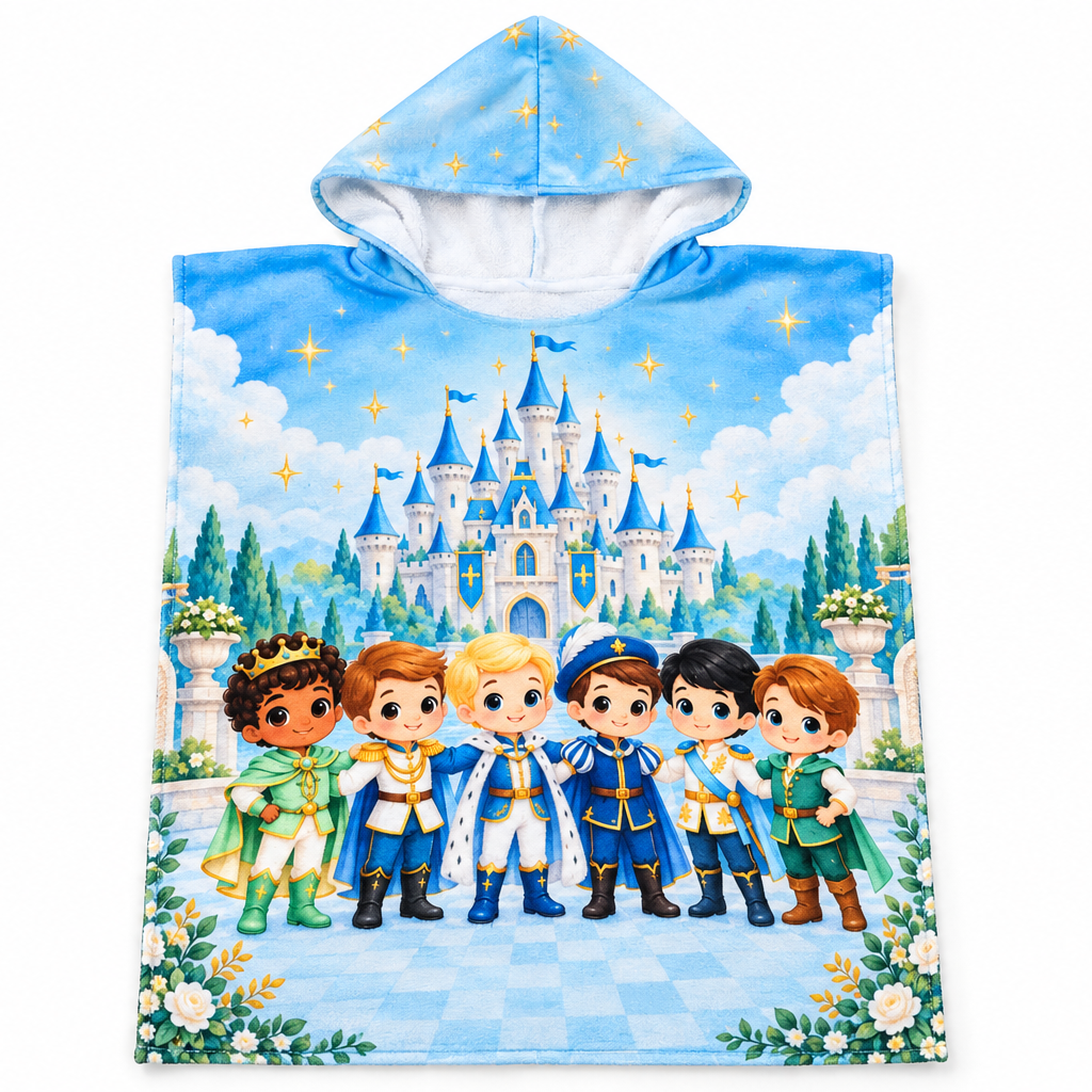 Detalle de capota estampada a todo color en toalla de microfibra suave para niños.